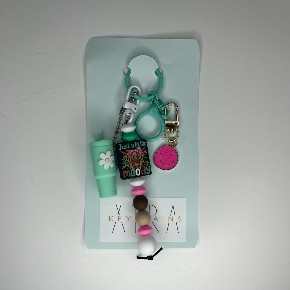 Keychain with Green Pink and White Accent beads, Mint Mini Stanley
